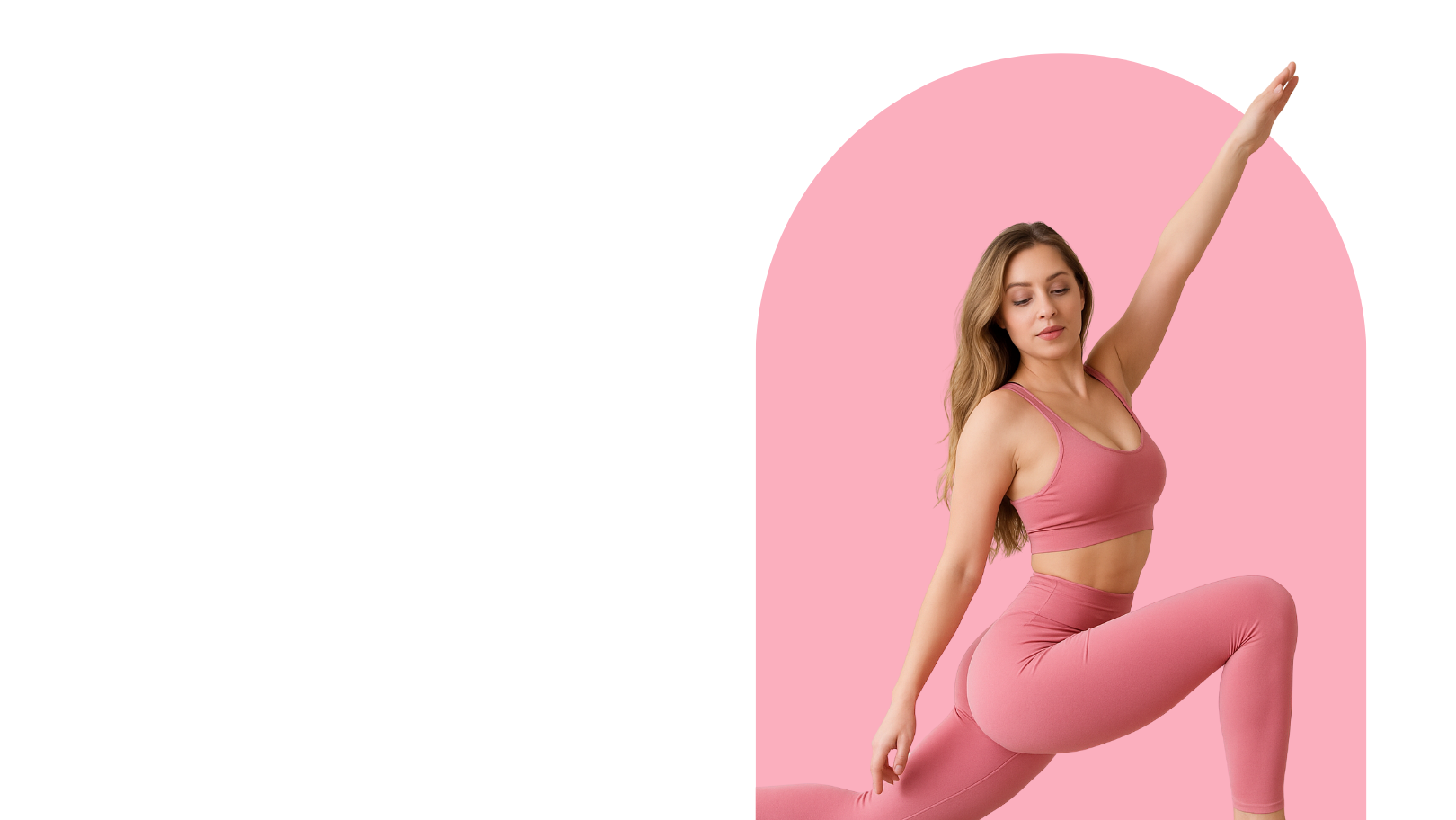 Woman in pink athletic wear posing against a pink background